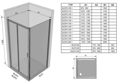 BLDP2 + BLPS 110x100 tolóajtós zuhanykabin alumínium keret