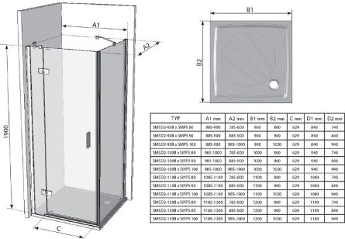 SmartLine SMSD2 + SMPS 90x80 zuhanykabin méretek
