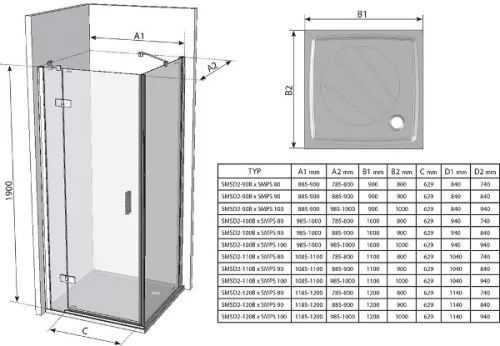 SmartLine SMSD2 + SMPS 90x90 zuhanykabin méretek