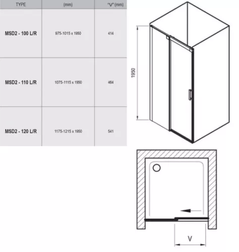 MSD2 100 cm tolóajtós zuhanyajtó méretei