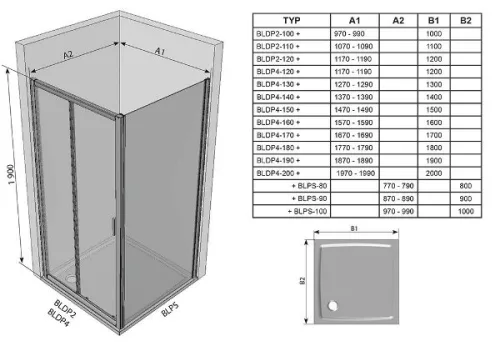BLDP4-150 tolóajtós zuhanyajtó transparent méretei