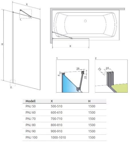Idea Black PNJ 70 cm kádparaván méretei