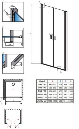 Nes DWD I 120 cm nyílóajtós zuhanyajtó méretei