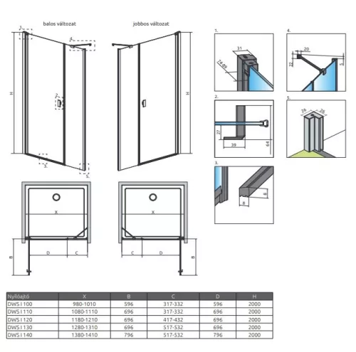 Radaway Nes DWS I. 140 cm nyílóajtós zuhanyajtó