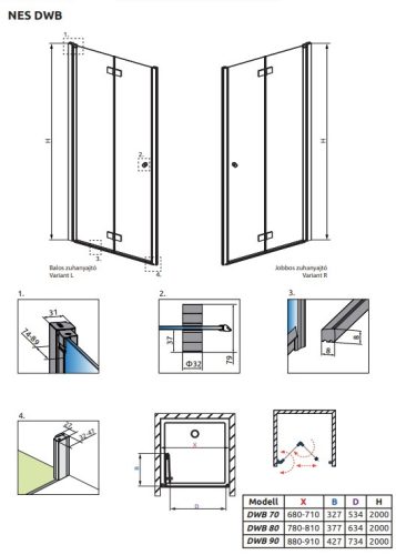 Radaway Nes DWB 80 cm csuklóajtós zuhanyajtó