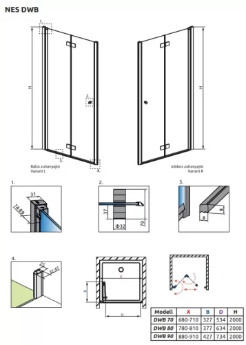 Radaway Nes DWB 90 cm csuklóajtós zuhanyajtó