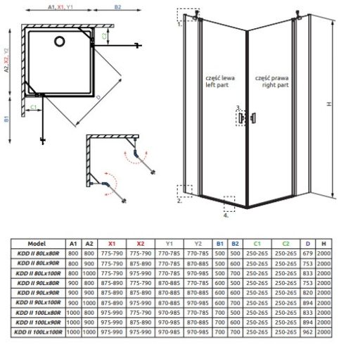 Nes KDD II. 80x80 nyíló ajtós zuhanykabin méretei