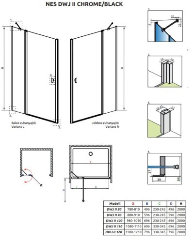 Radaway Nes DWJ II 90 cm nyílóajtós zuhanyajtó