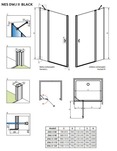 Radaway Nes Black DWJ II. 90 cm nyílóajtós zuhanyajtó