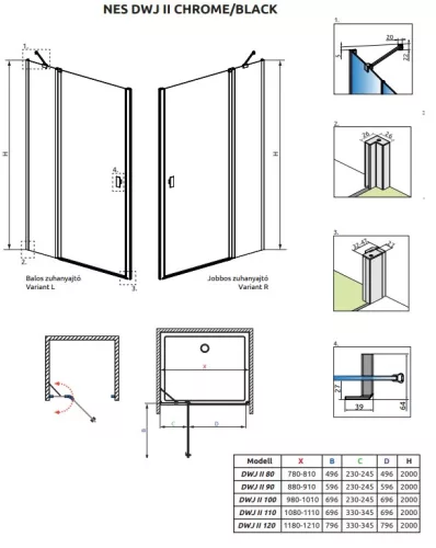 Radaway Nes DWJ II 120 cm nyílóajtós zuhanyajtó