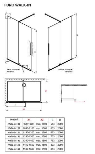 Radaway Furo Black Walk-in 150 cm zuhanyfal