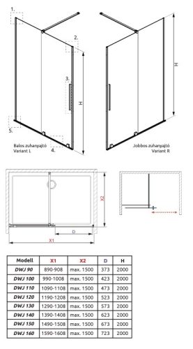 Radaway Furo Black DWJ 140 cm zuhanyajtó