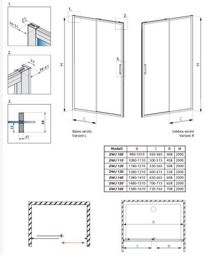 Radaway Premium Pro DWJ 110 cm tolóajtós zuhanyajtó