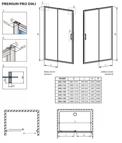 Radaway Premium Pro Black DWJ 140 cm tolóajtós zuhanyajtó