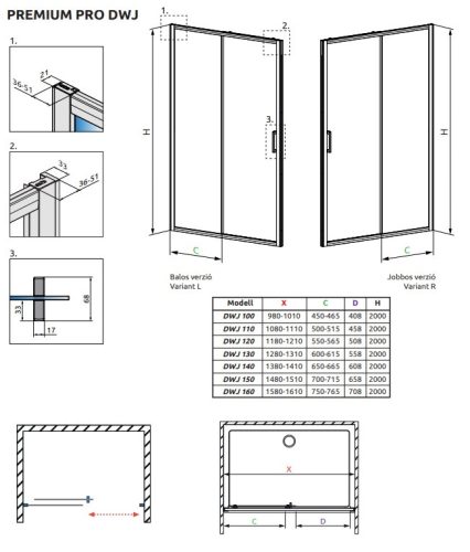 Radaway Premium Pro Black DWJ 150 cm tolóajtós zuhanyajtó