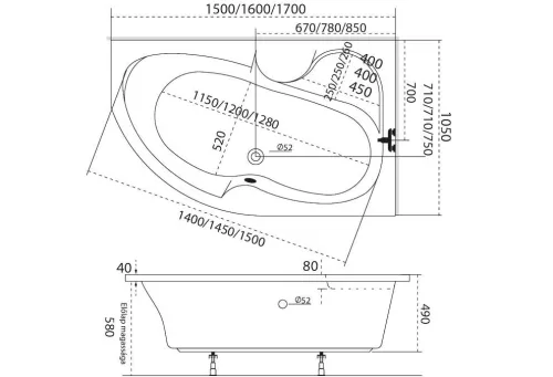 Azalia 170x105 aszimmetrikus akril kád jobbos méretek
