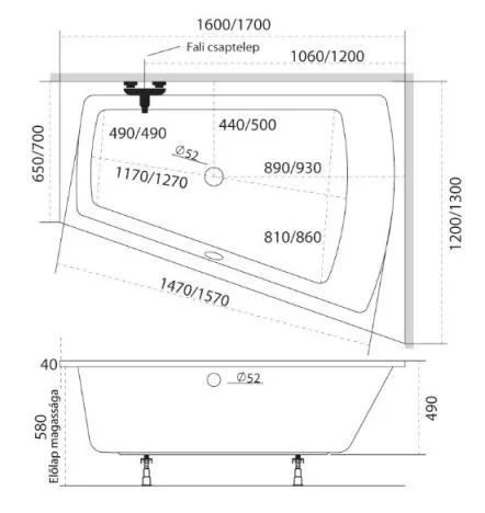 Trinity 170x130 egyedi akrilkád méretei