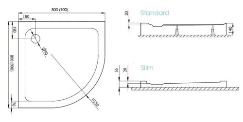 H2O Nero Slim A 80x80 íves zuhanytálca