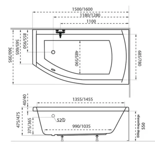 Minima 160x95 aszimmetrikus akril kád méretei