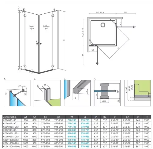 Torrenta KDD 90x80 nyílóajtós zuhanykabin méretek