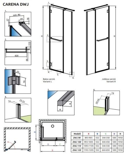 Carena DWJ 90 nyílóajtós zuhanyajtó méretek