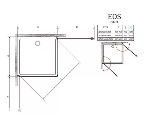 EOS KDD 80x80 szögletes, nyíló ajtós zuhanykabin méretei
