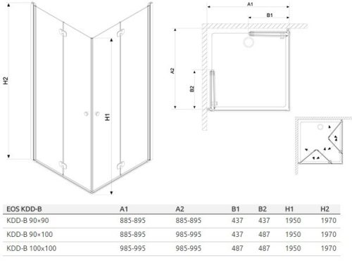 EOS KDD-B 100x100 szögletes, nyíló ajtós zuhanykabin méretei