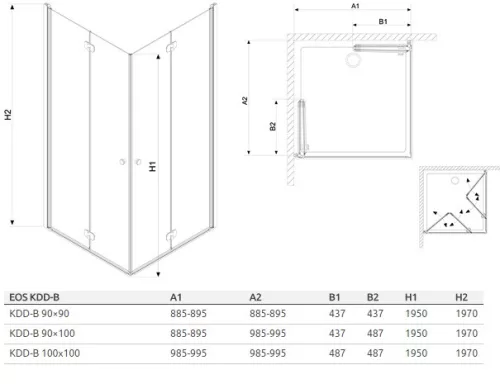 EOS KDD-B 100x90 szögletes, nyíló ajtós zuhanykabin méretei