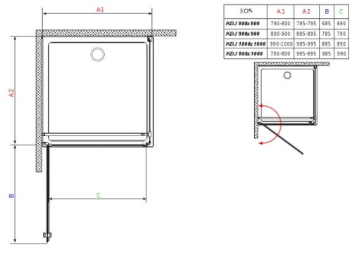 EOS KDJ 100 szögletes, nyíló ajtós zuhanykabin méretek