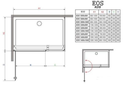 EOS KDS 100x90 szögletes, nyílóajtós zuhanykabin méretek