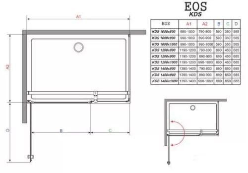 EOS KDS 140x100 szögletes, nyílóajtós zuhanykabin méretek