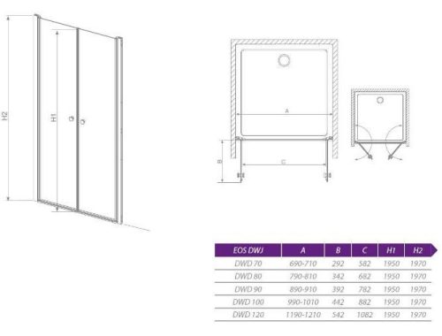 EOS DWD 70  nyíló ajtós zuhanyajtó méretei