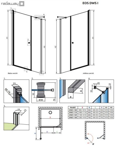 EOS DWS 110 nyílóajtós zuhanyajtó méretei