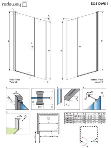 EOS DWS 120 nyílóajtós zuhanyajtó méretei