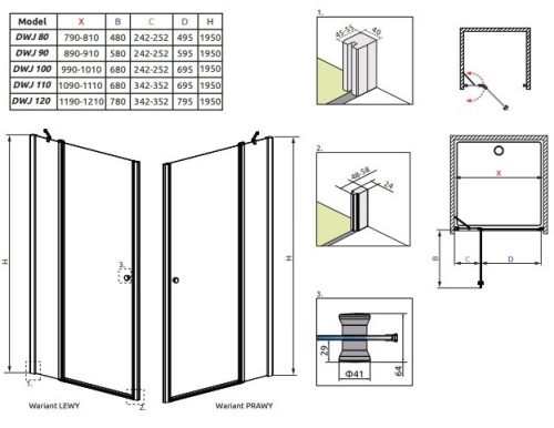 EOS II DWJ 80 cm nyílóajtós zuhanyajtó méretei