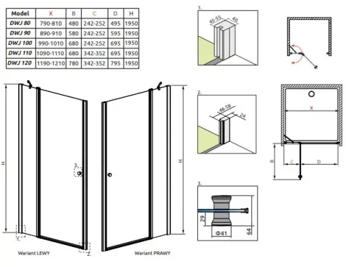 EOS II DWJ 90 cm nyílóajtós zuhanyajtó méretei