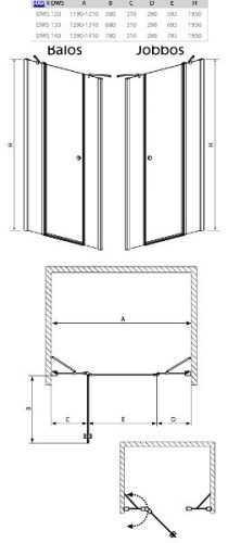 EOS II DWS 130 nyílóajtós zuhanyajtó méretei