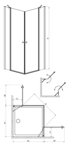 EOS II KDD 90x90 szögletes nyílóajtós zuhanykabin méretei