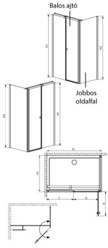 EOS II KDS 120x90 szögletes nyílóajtós zuhanykabin méretei