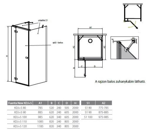 Fuenta New KDJ+S 80x120x80 szögletes zuhanykabin méretei