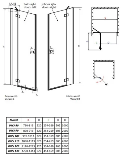Essenza New DWJ 90 cm nyílóajtós zuhanyajtó méretei