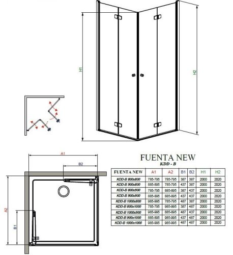 Fuenta New KDD-B 80x80 szögletes, nyílóajtós zuhanykabin méretei