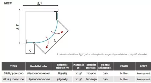 GR2N 90x90 íves nyílóajtós zuhanykabin méretei