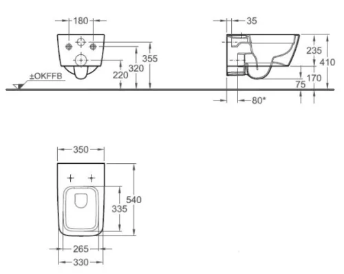 iCon Square fali WC csésze Rimfree méretei
