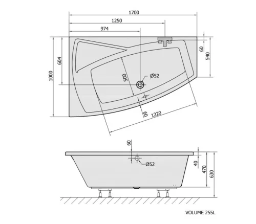 Evia 170x100 aszimmetrikus akrilkád méretei