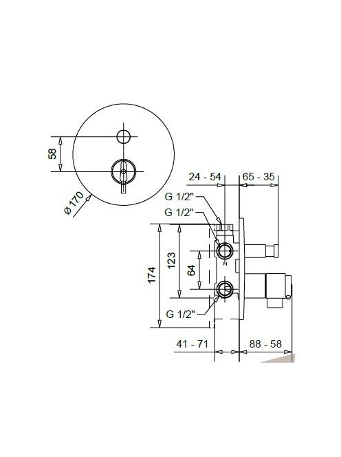 Kobuk falba épített termosztátos kádtöltő csaptelep, króm 2278 méretei