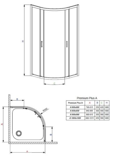 Premium Plus A 1900 85x85 íves zuhanykabin méretei