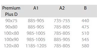 Premium Plus D 90x75 szögletes zuhanykabin méretek