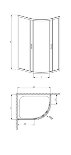 Premium Plus E1700 100x80 íves zuhanykabin méret rajz
