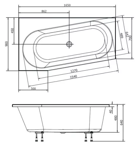 Astra WL 165x90 aszimmetrikus akrilkád, balos méretei